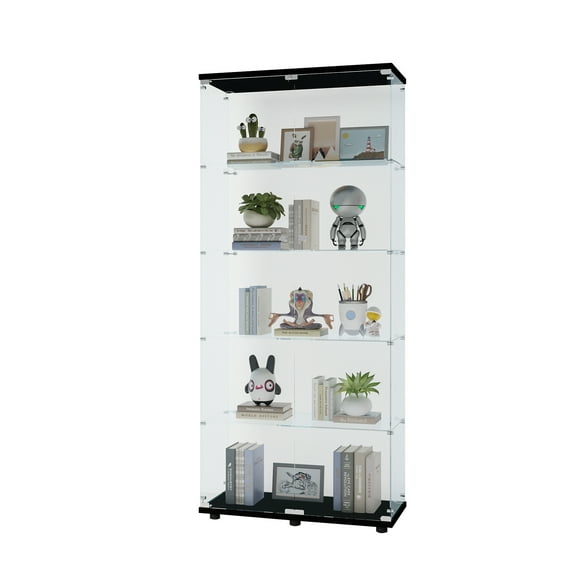 Tempered Glass Curio Display Cabinet, Floor Standing Storage Cabinet Bookshelf With Doors Shelves for Living Room Office Study Room