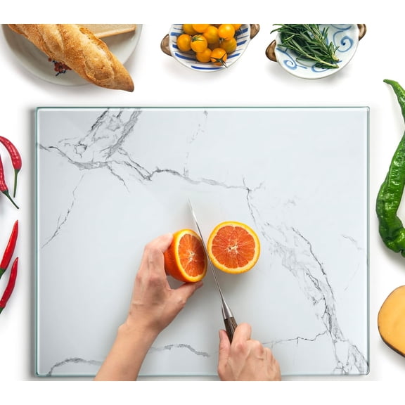 Tempered Glass Cutting Board 20”x16” - White Marble Kitchen Counter Protector - Durable, Scratch-Resistant, Heat-Resistant Surface - Easy to Clean, Non-Porous