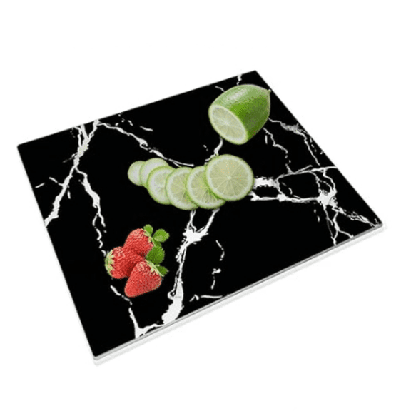 Tempered Glass Cutting Board for Kitchen 12 x 16", Marble Pattern Cutting Board, Chopping Board with Rubber Feet, Heat Resistant, Shatter Resistant, Dishwasher Safe, Black