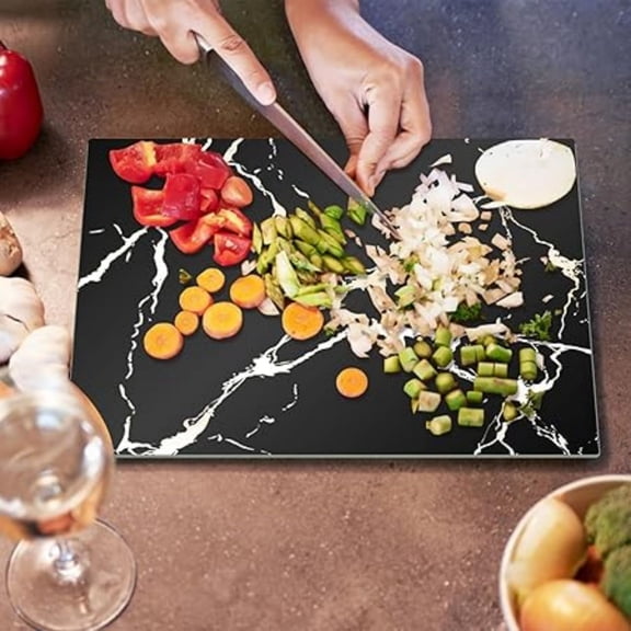 Tempered Glass Cutting Board for Kitchen 12 x 16", Marble Pattern Cutting Board, Chopping Board with Rubber Feet, Heat Resistant, Shatter Resistant, Dishwasher Safe, Black
