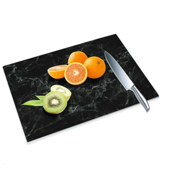 Tempered Glass Cutting Board for Kitchen, 16"x12" Black Marble Pattern Glass Cutting Board, Glass Chopping Board with Rubber Non Slip Feet, Heat Resistant, Shatter Resistant, Dishwasher Safe