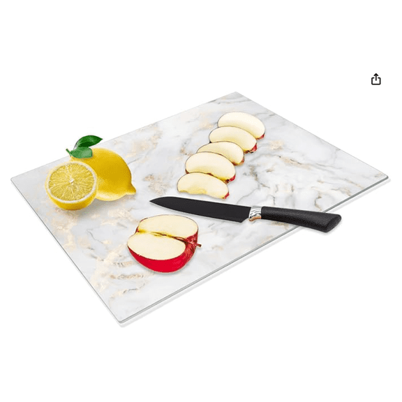 Tempered Glass Cutting Board for Kitchen, 16"x12" Marble Pattern Cutting Board, Glass Chopping Board with Rubber Non Slip Feet, Heat and Scratch Resistant, Dishwasher Safe, White Golden