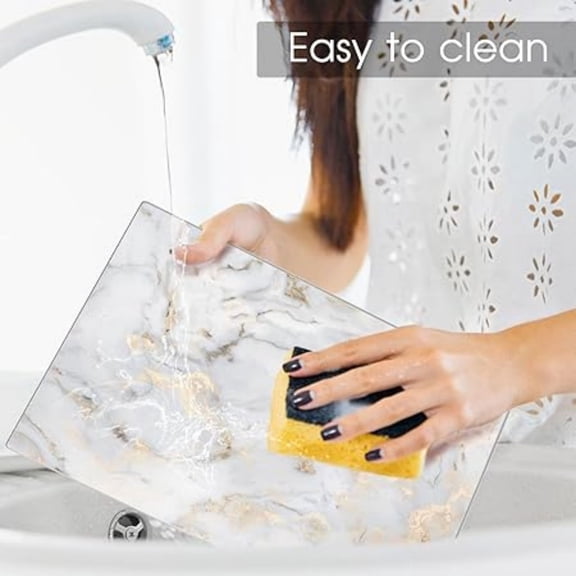 Tempered Glass Cutting Board for Kitchen, 16"x12" Marble Pattern Cutting Board, Glass Chopping Board with Rubber Non Slip Feet, Heat and Scratch Resistant, Dishwasher Safe, White Golden