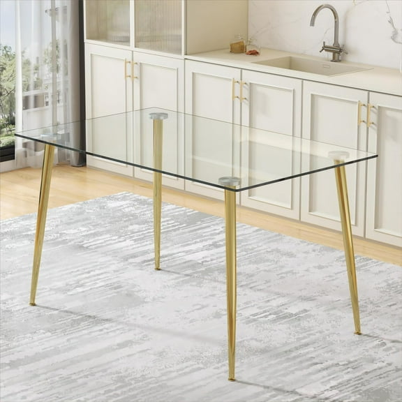 Tempered Glass Dining Table for 4, Sudica 51" Modern Rectangular Glass Kitchen Table with 4 Golden Plating Metal Legs