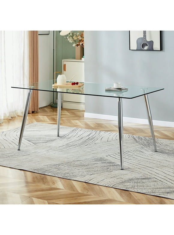 Tempered Glass Dining Table for 4, Sudica 51" Modern Rectangular Glass Kitchen Table with 4 Silver Plating Metal Legs