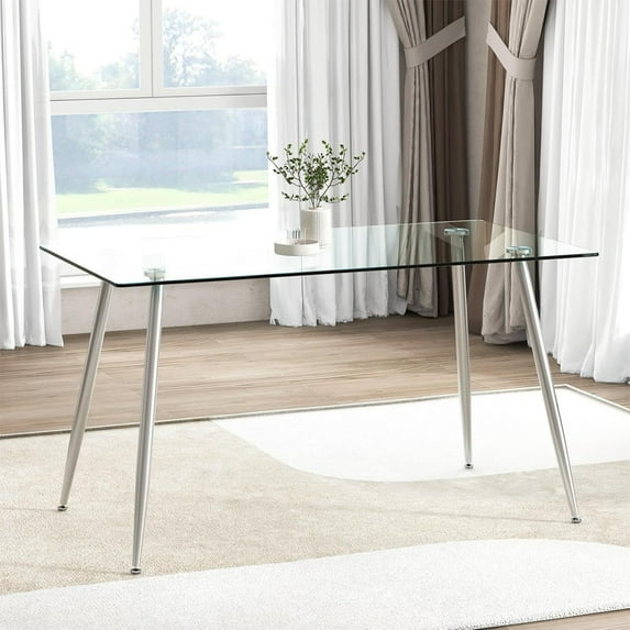 Sudica 51" Tempered Glass Dining Table, Modern Rectangular Kitchen Table for 4-6, Silver Metal Legs, Easy to Clean