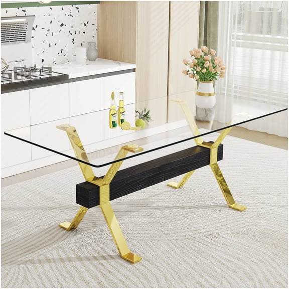 Tempered Glass Dining Table with Gold Base for Home and Office