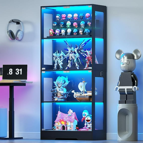 Tempered Glass Display Cabinet with 3CCT Motion Sensor Light, 4-Tier Curio Case for Collectibles, Storage Shelf with Glass Doors, Bookcase, Showcase, Black