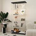 thumbnail image 1 of Tempered Glass Display Cabinet with Bluetooth LED Lighting, Lockable Door & Locking Casters - Multi-Purpose Storage for Wine, Files, Home & Office Decor in Black, 1 of 9