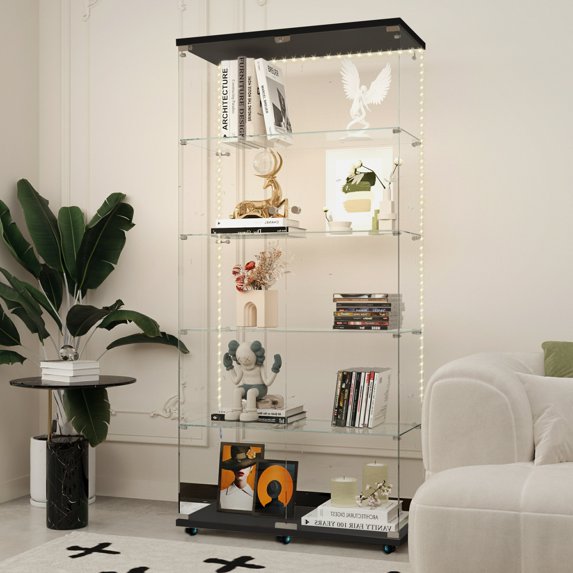Tempered Glass Display Cabinet with Bluetooth LED Lighting, Lockable Door & Locking Casters - Multi-Purpose Storage for Wine, Files, Home & Office Decor in Black
