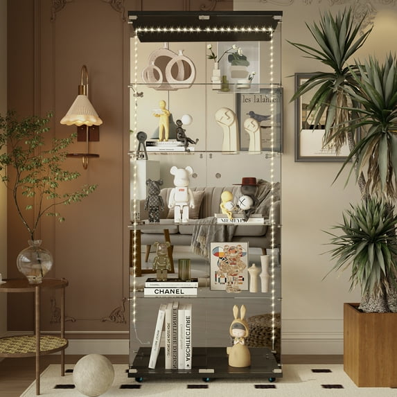 Tempered Glass Display Cabinet/Liquor Cabinet/Storage Cabinet/File Cabinet with Bluetooth LED Strip Light, Door Lock & Mirror Back Panel for Living Room/Bedroom/Corridor/Office (Black)