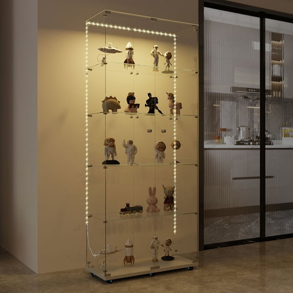 Tempered Glass Display Cabinet/Wine Cabinet/Storage Cabinet/File Cabinet with Bluetooth LED Light Strips, Door Lock, Tempered Glass Top & Bottom Casters for Easy Movement (White)