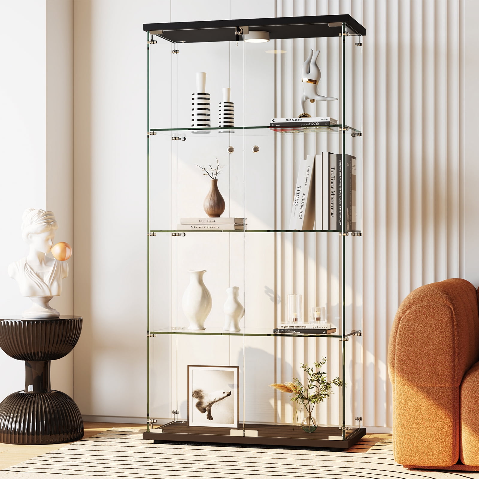Tempered Glass Display Cabinet with LED Light, 4 Shelves Lockable Curio Showcase, Double Doors Storage Cabinet for Living Room Bedroom Office (Black)