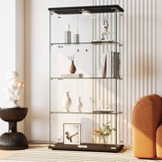 Tempered Glass Display Cabinet with LED Light, 4 Shelves Lockable Curio Showcase, Double Doors Storage Cabinet for Living Room Bedroom Office Black