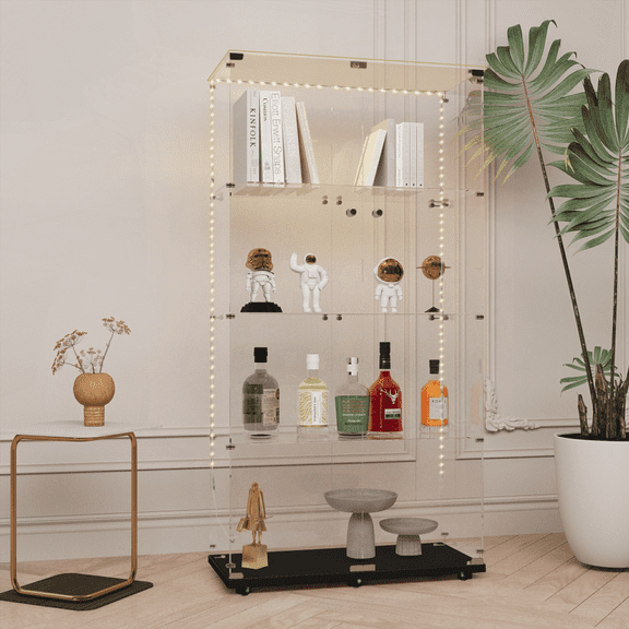 Tempered Glass Display Storage Cabinet with Bluetooth LED Strip - Remote/App Control, Lockable Swivel Casters, Black