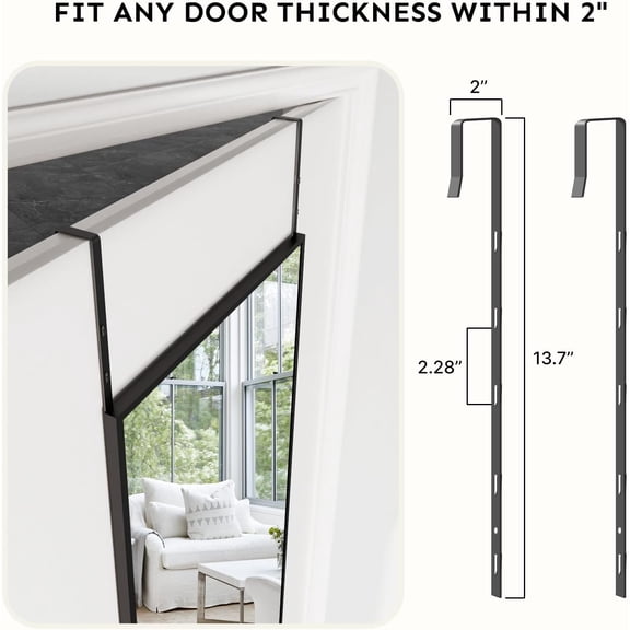Tempered Glass Over The Door Mirror, 48"x14" Full Length No Drill Hanging | Durable Build | Great for Bedroom Closet Tool-Free Installation Full Body Reflection