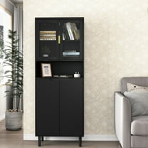 Tempered Glass Door Storage Cabinet - 4 Doors, Black , Adjustable For Bedroom & Living 4-door In Glass,