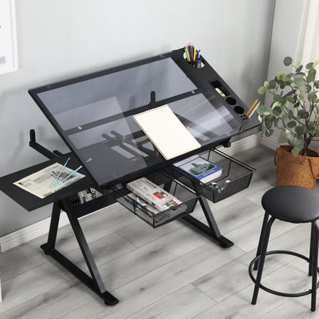 Tempered Glass Drawing Table With Chair & Adjustable Angles Storage Black Office Side Options Metal