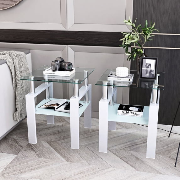 Tempered Glass End Table, Square Glass Side Table with Steel Pipe & Metal Legs, 2-Tier Modern Glass Nightstand for Living Room & Office(Clear Glass + White Leg, Set of 2)