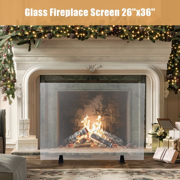 Tempered Glass Fireplace Screen with Heat-Resistant Clear Guard & Black ...