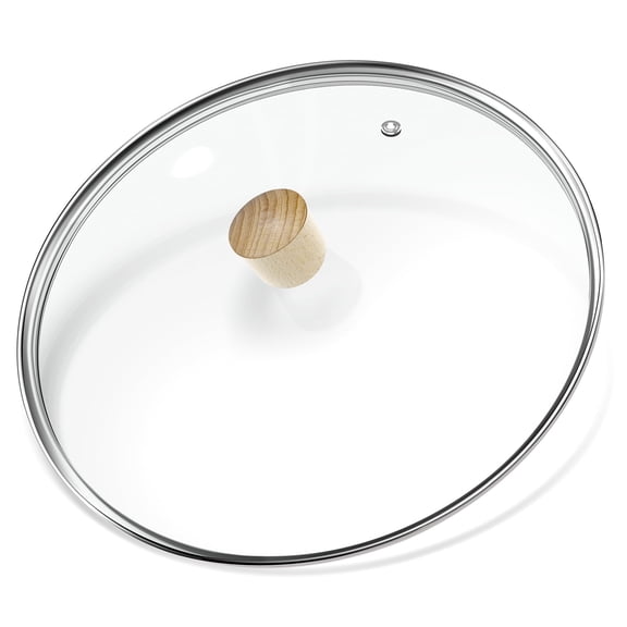 13.5" Glass Lid for Frying Pans and Pots, Versatile Round Tempered Replacement Lid for 13.5 inch Skillets, Wooden Knob - Dishwasher Safe