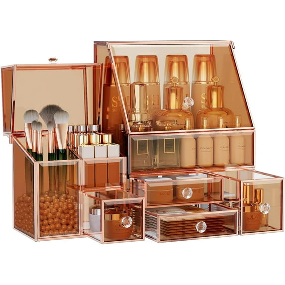 Tempered Glass Makeup Organizer Countertop - Multi-Functional 3-in-1 Cosmetic Organizer for Skincare, Lipstick, Brushes - Vanity Organizer & Bathroom Organizer and Skincare Organizer.