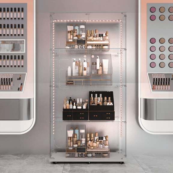 Tempered Glass Multi-Use Display Cabinet - Wine/Storage/File Organizer with Bluetooth LED, Remote/App Control, Swivel Casters, White
