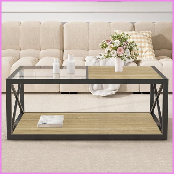Tempered Glass & Natural Wood MDF Coffee Table for Living Room/Bedroom – Ample Storage, Easy to Clean
