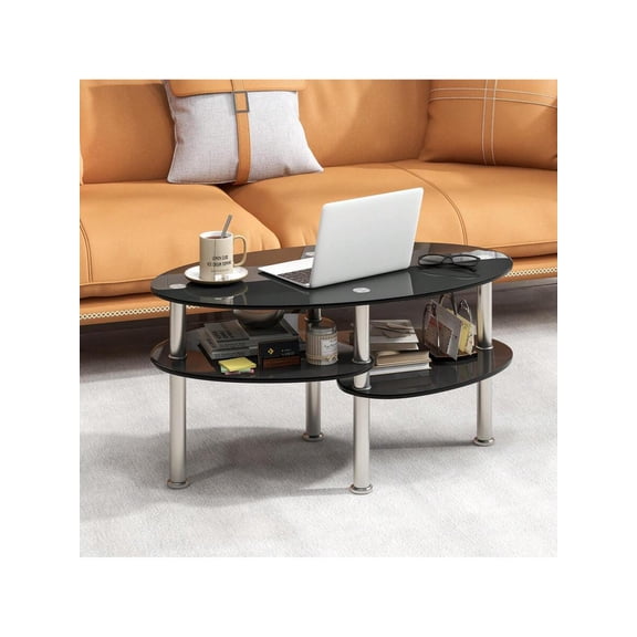 Tempered Glass Oval Side Coffee Table Shelf Base Living Room