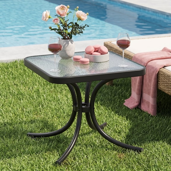 Tempered Glass Patio Side Table, 20 x 20 Inch Square End Table, Metal Frame, for Garden Backyard Poolside