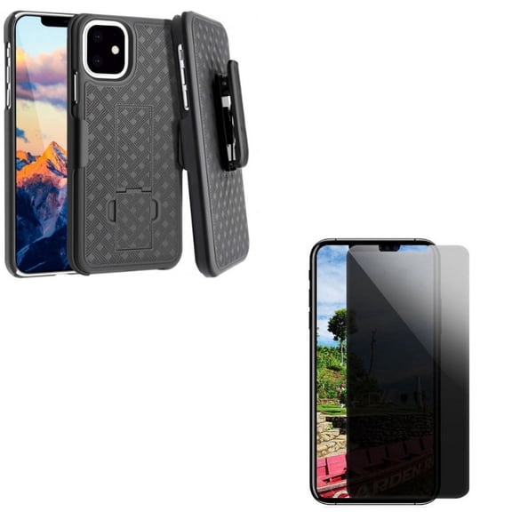 Tempered Glass Privacy Screen Protector w Holster Case Belt Clip for iPhone 11 - Curved Anti-Spy Anti-Peep 3D Edge, Swivel Cover Kickstand Armor