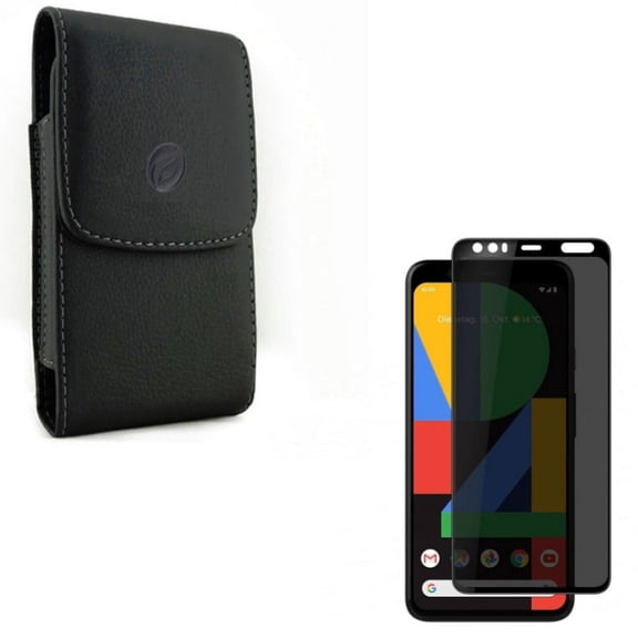 Tempered Glass Privacy Screen Protector w Leather Case Belt Clip for Google Pixel 4 XL Phones - Full Cover Anti-Peep, Holster Cover B2V Compatible With Pixel 4 XL Models