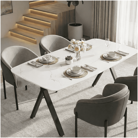 Tempered Glass Rectangle Dining Table, Marble Look Tabletop with Black Metal Base for Home and Commercial Use