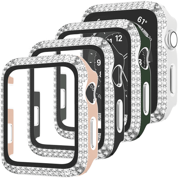Tempered Glass Screen Protector Case 4-Pack Apple Watch Case 38mm Series 3/2/1 Shockproof Bling Diamonds Rhinestone Crystal Bumper Case Overall Full Hard PC Protective Cover for iWatch 38mm