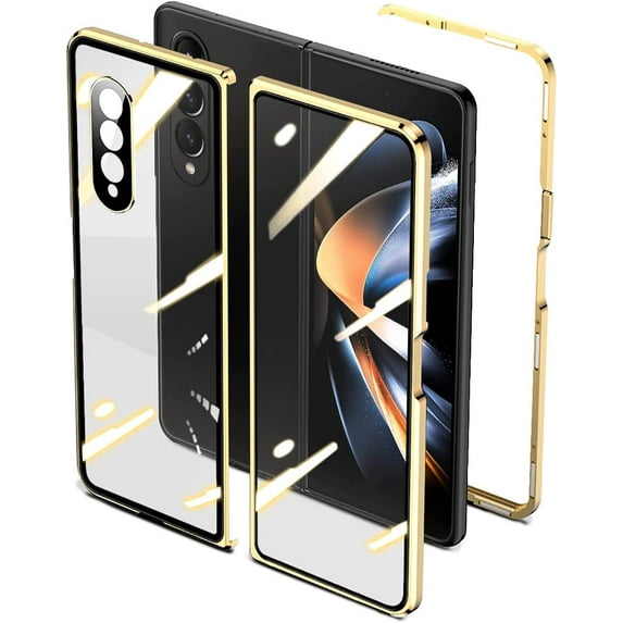 Tempered Glass Screen Protector Magnetic Case Compatible with Z Fold 4 Clear Case Built-In Camera Lens Protector with Safety Lock Slim 360° Full Protective for Samsung Galaxy Z Fold 4,Gold