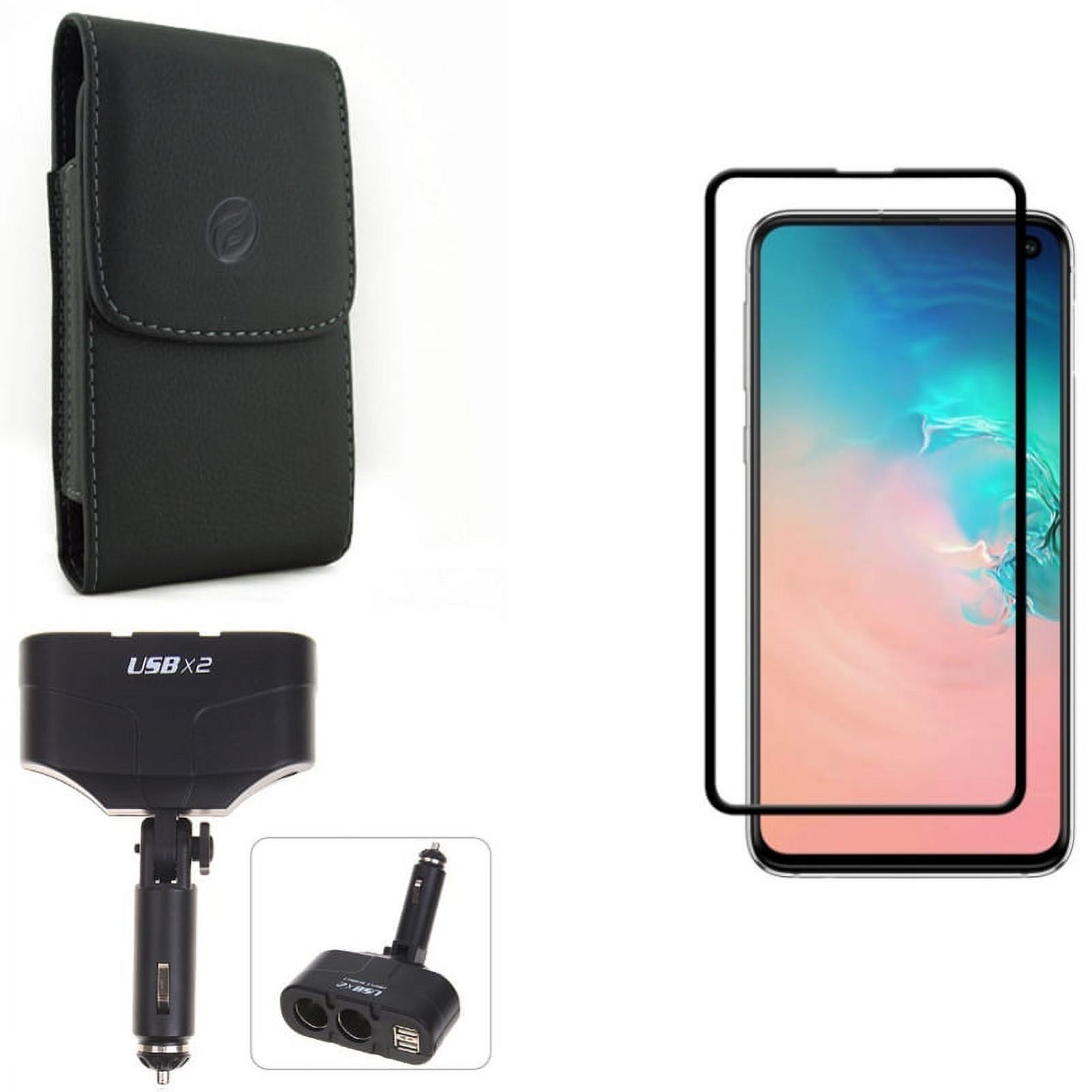 Tempered Glass Screen Protector w Leather Case Belt Clip w DC Socket Car Charger Splitter for Samsung Galaxy S10e - 5D Curved Edge Full Cover, Holster Cover Pouch, 2-Port USB Power Adapter L5A