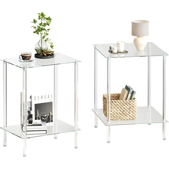 Tempered Glass Side Tables Set of 2 Acrylic End Table with 2 Storage Shelve transparent Bedside simplicity clear 2-Tier Nightstands small Spaces Office Bedroom Living Room Study Transparent