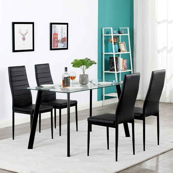 Tempered Glass Top Dining Table Set, 5 Piece Dining Room Table Set for Small Spaces, Kitchen Table and 4 PU Leather Chairs, Rectangular Modern Bistro Table Set, Steel Frame, Easy to Assemble, B1445