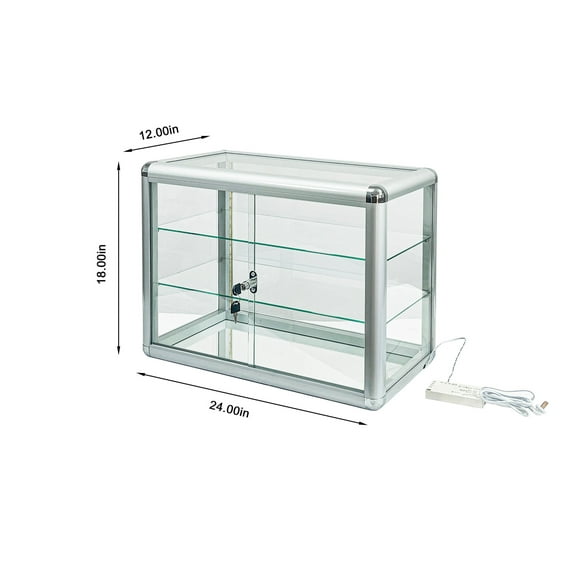 Tempered Glass Top Display Cabinet with Sliding Glass Door and Lock, Standard Aluminum Frame, Display Cabinet with Sliding Glass Door, Lock and LED