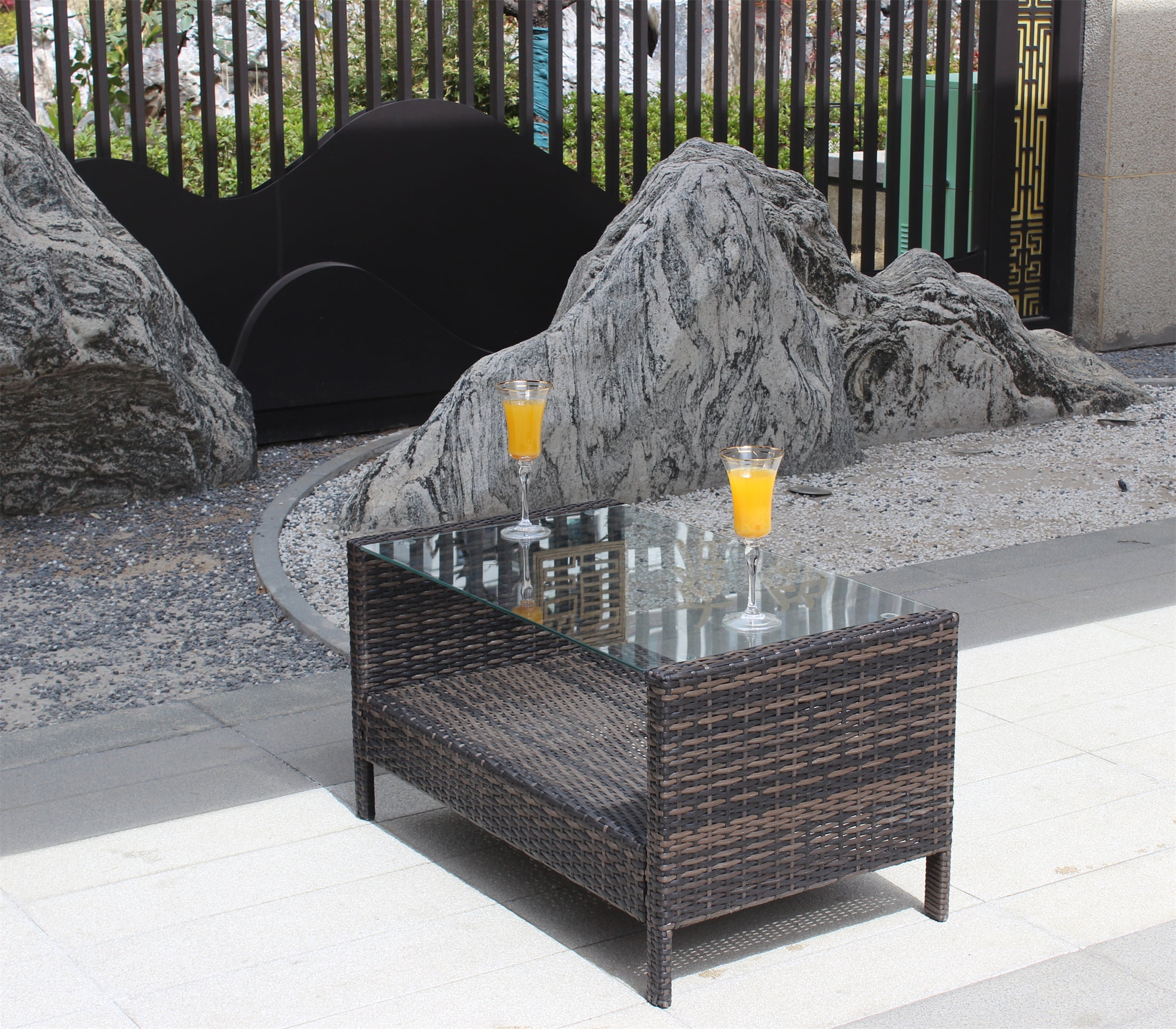 Tempered Glass Top Patio Coffee Table for Garden Backyard Deck Balcony Outdoor Leisure Living Space, Brown