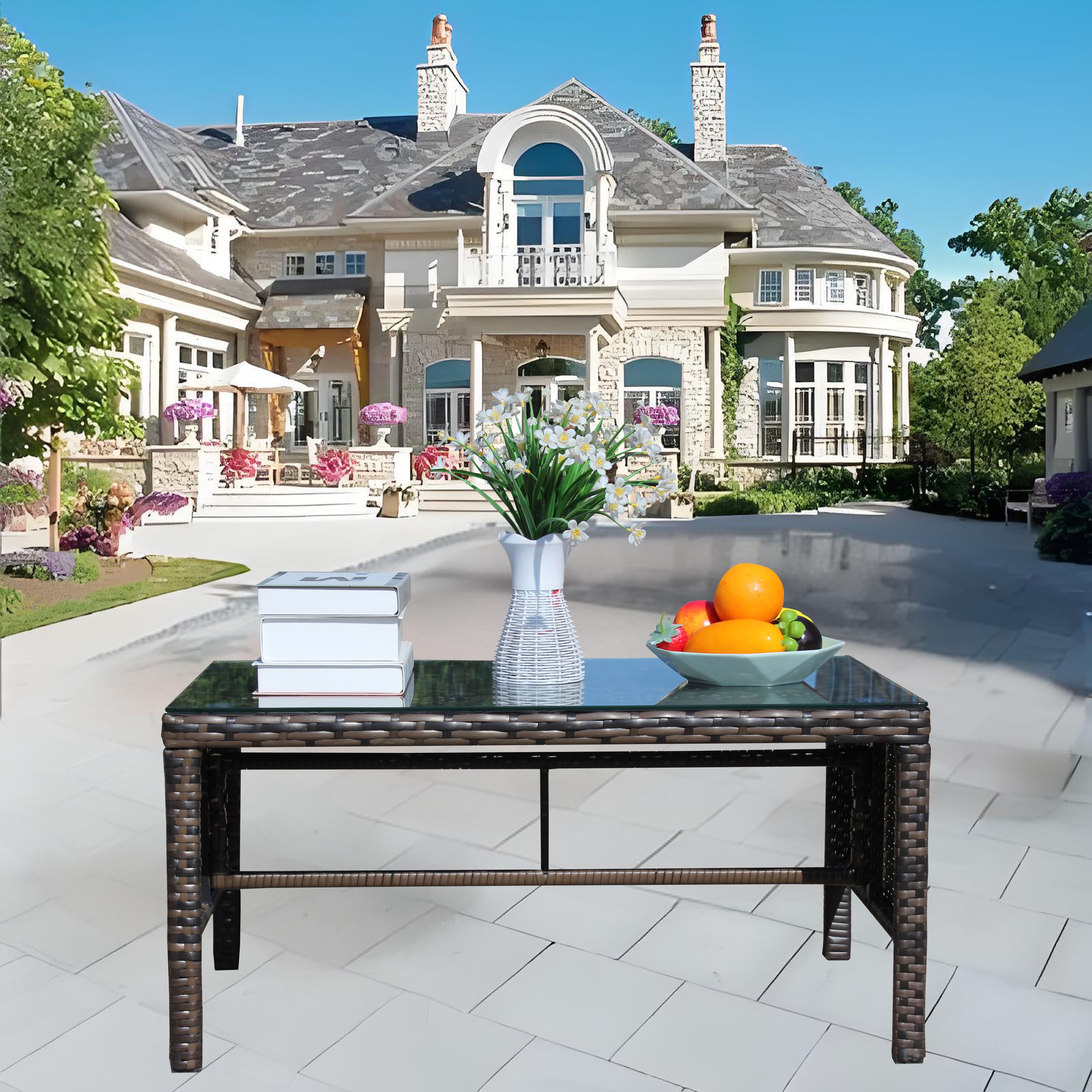 Tempered Glass Top Patio Coffee Table for Garden Backyard Deck Balcony Outdoor Leisure Living Space, Brown