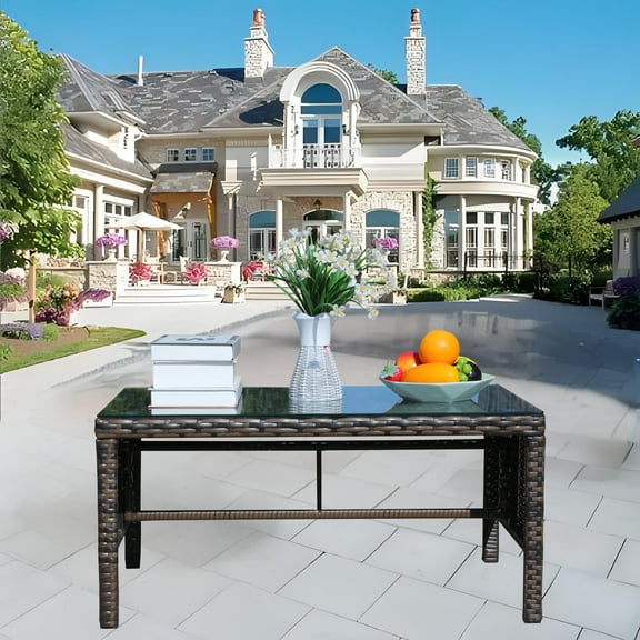 Tempered Glass Top Patio Coffee Table for Garden Backyard Deck Balcony Outdoor Leisure Living Space, Brown