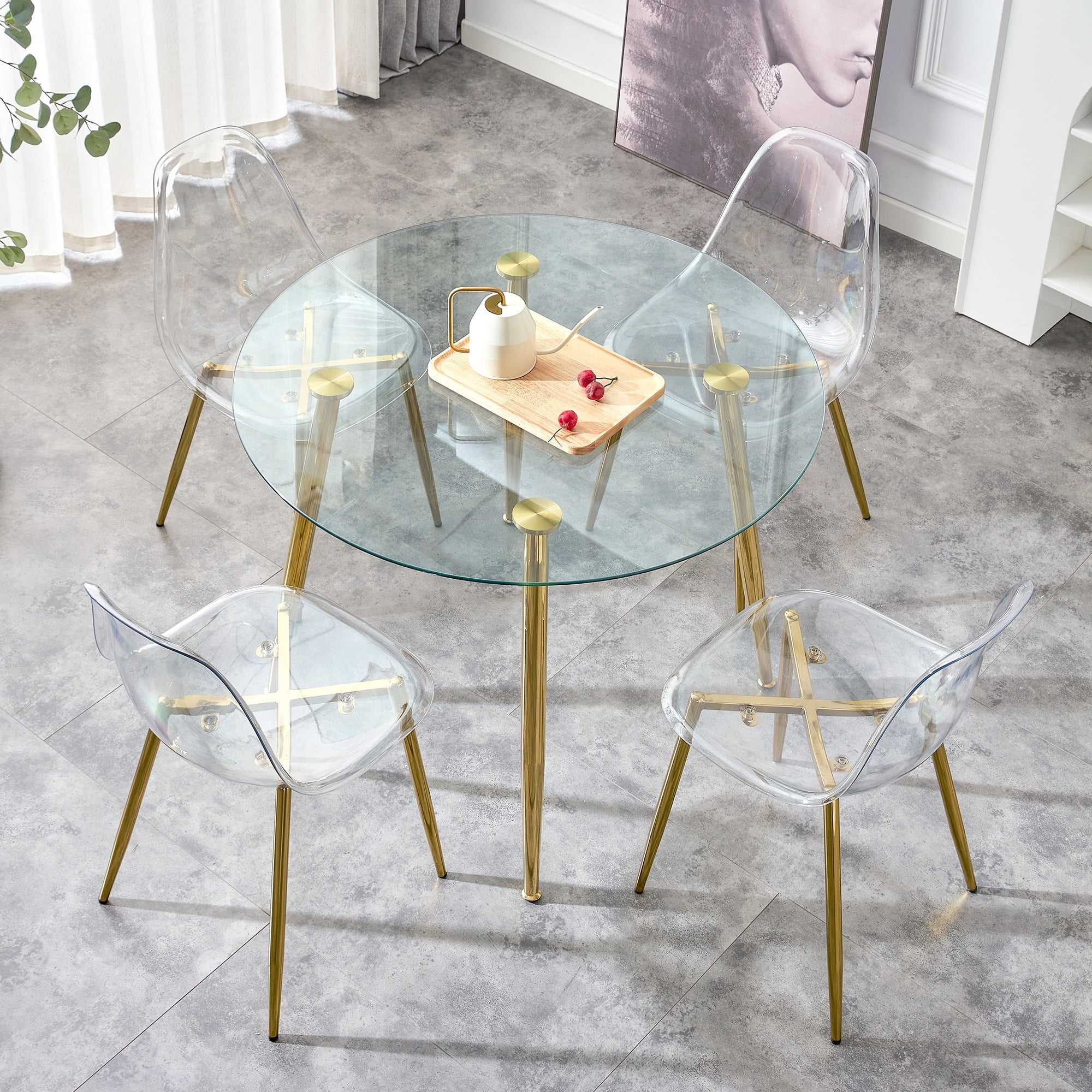 Round Glass Dining Table with Gold-Plated Metal Legs