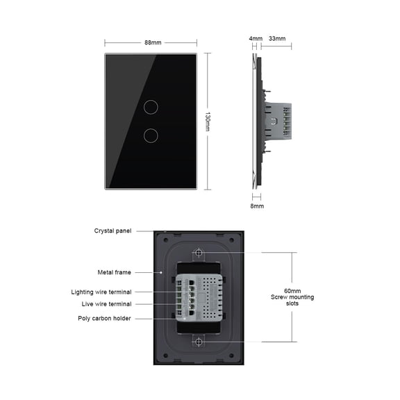 Tempered Glass Touch Light Switch with LED Indicator 2 Circles 1 Way Black