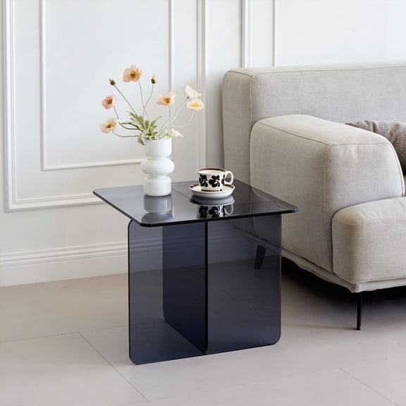 Tempered Smoke Glass Side Table, Grey Night Stand, Small Tea Table for Home & Outdoor