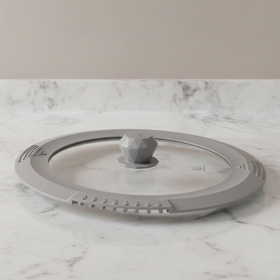 Tempered Strainer Lid for Stockpot, Pasta, Soup Pots with Heat Resistant Silicone Rim - Universal Pan Lid with Pour Spout - Microwave Safe - Light Grey