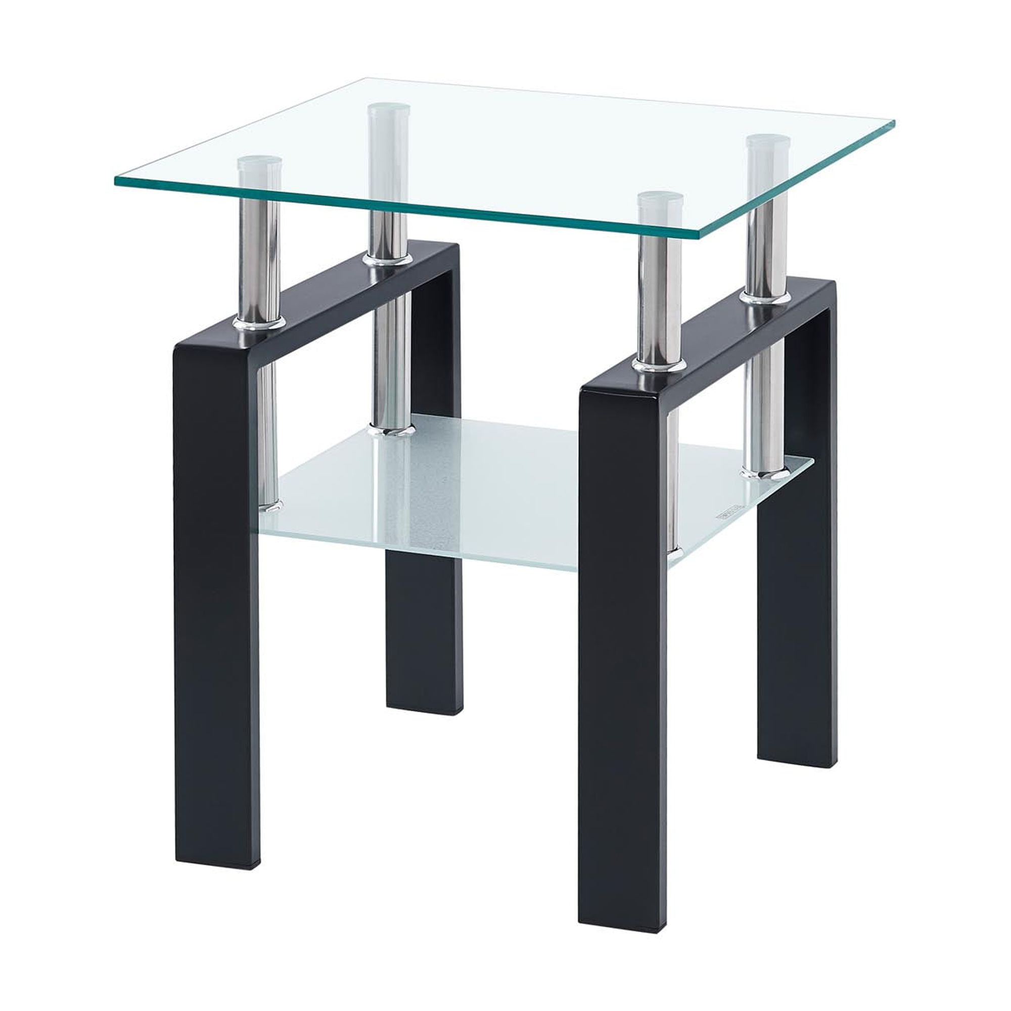 Tempered Transparent Glass End Table, 2-Layers Small Table with Storage ...