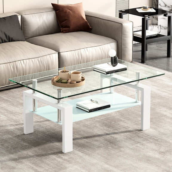 Tempered glass 2 - layer living room coffee table - Spacious for lamps and phones, stable structure
