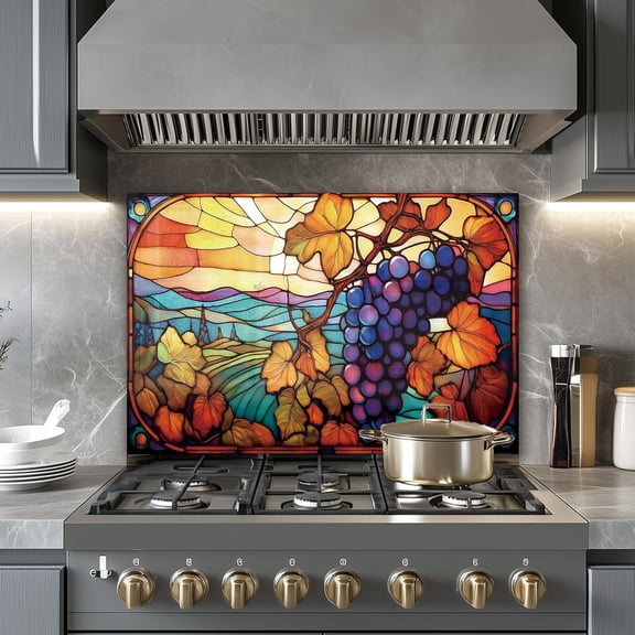 Tempered glass kitchen backsplash, mosaic grape pattern | Frameless, stove backsplash, easy to clean, home décor.