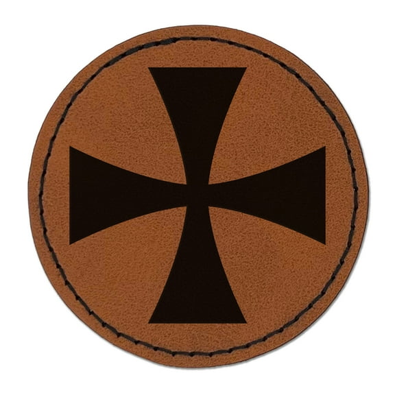 Templar Cross 2.5" Faux Leather Round Engraved Iron-On Patch - Brown